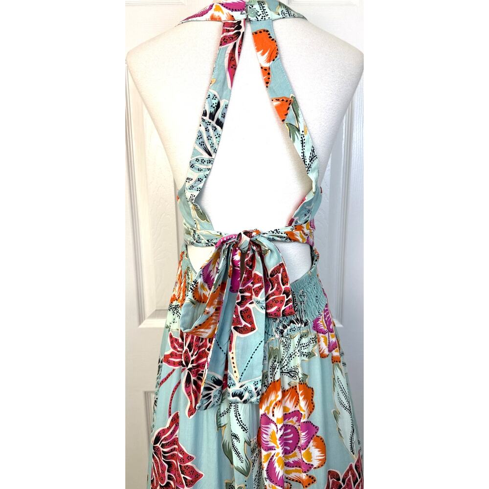 Jaase Blue Floral Halter Maxi Dress M Open Back Boho Wedding Guest Rayon - Picture 6 of 8